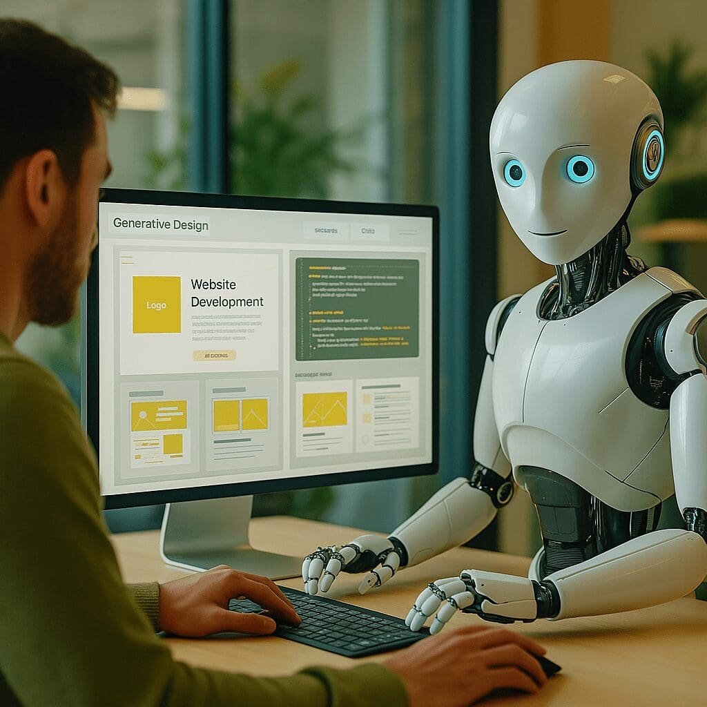 Friendly AI agent collaborating on website design with screen displaying layouts, code, and interface elements