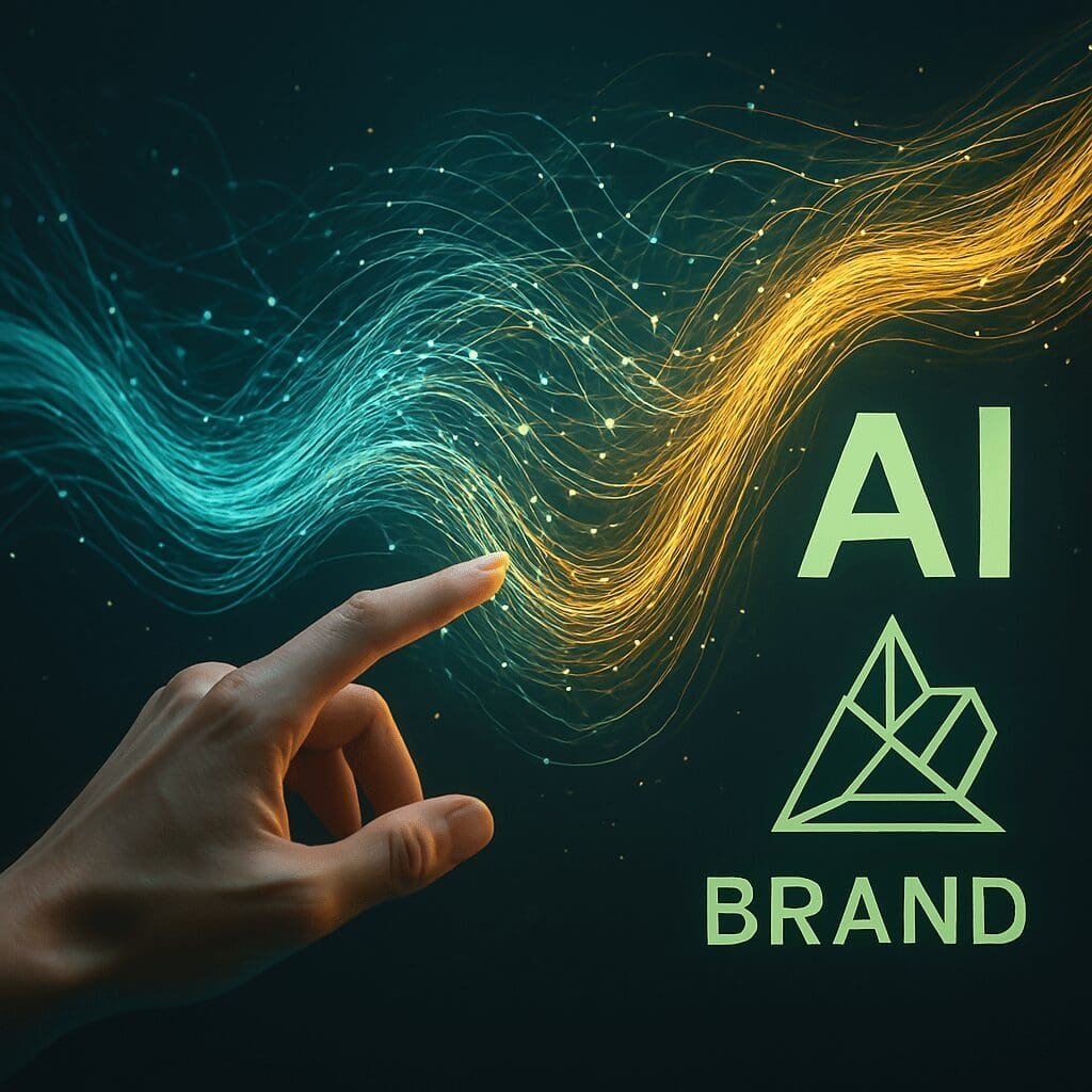 Human hand interacting with dynamic AI visualization for brand identity development