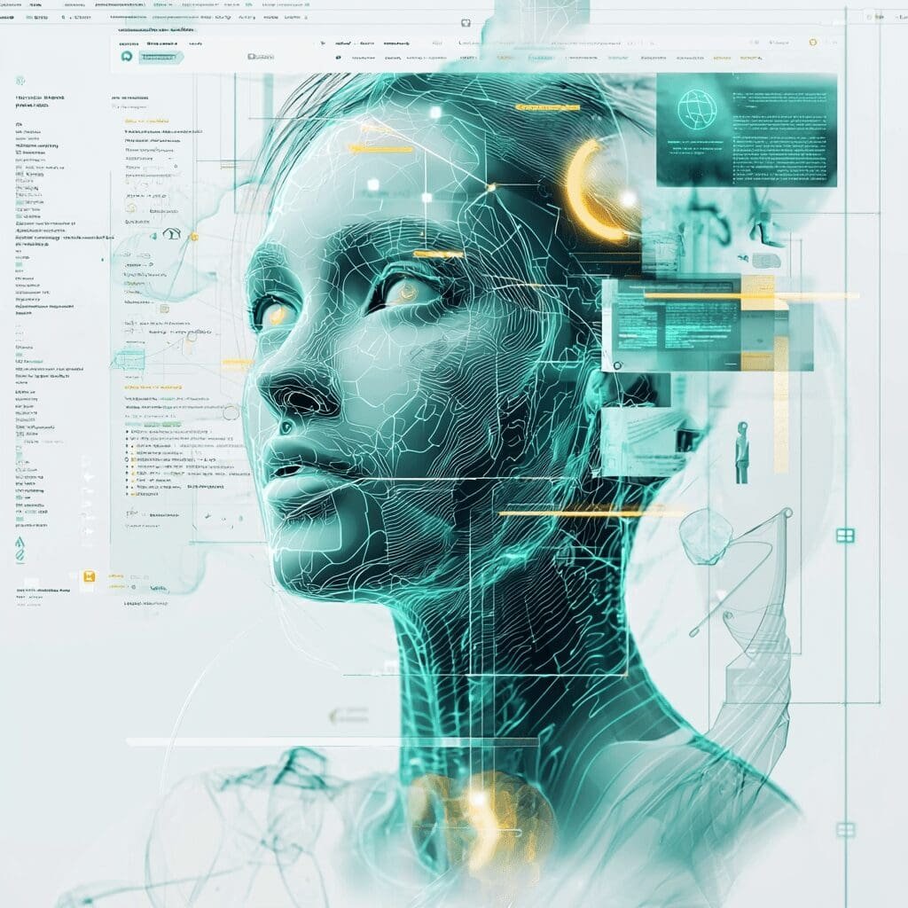 Futuristic AI face integrated with data, UX elements, and web interface overlays in teal and yellow hues