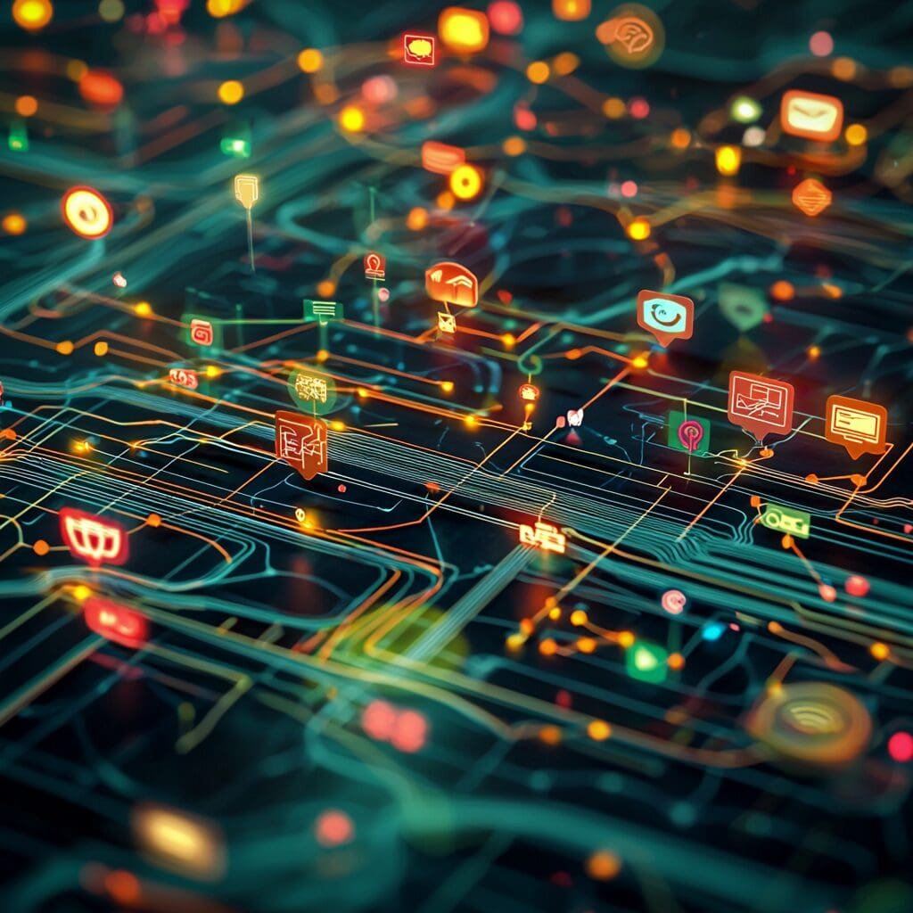 Colorful digital network of social media icons and data streams representing AI-driven connectivity