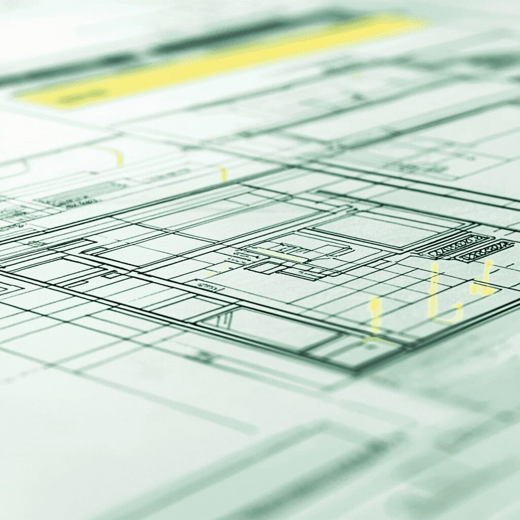 Close-up of a digital wireframe blueprint for website layout with AI-generated highlights