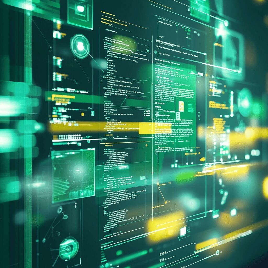 Futuristic user interface displaying AI-generated code and design elements in green and yellow hues