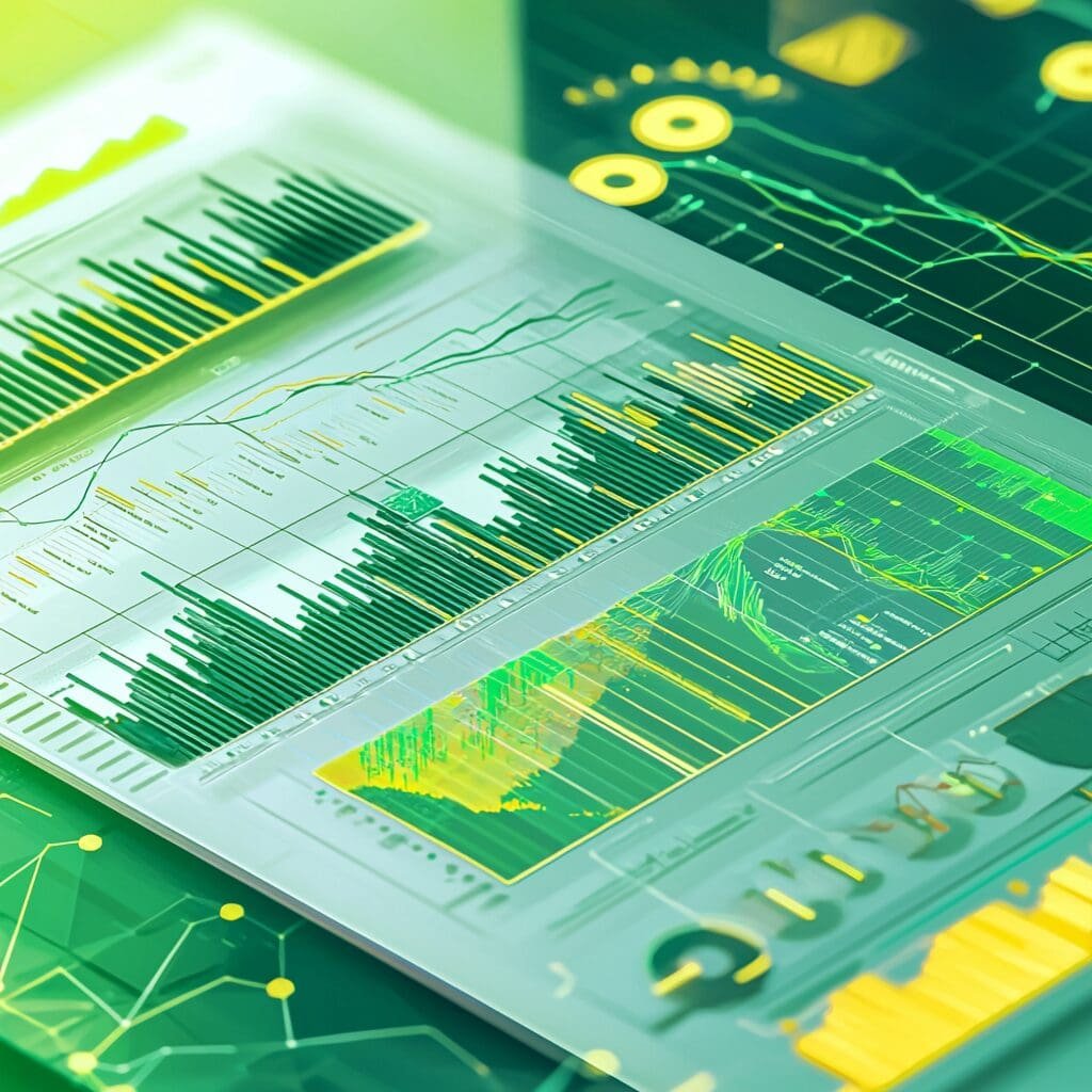 Futuristic data dashboard displaying advanced analytics with green and yellow visualizations