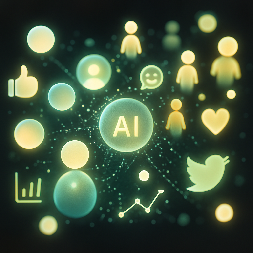 Glowing AI agents interacting with social media icons and data visualizations in a dynamic digital network