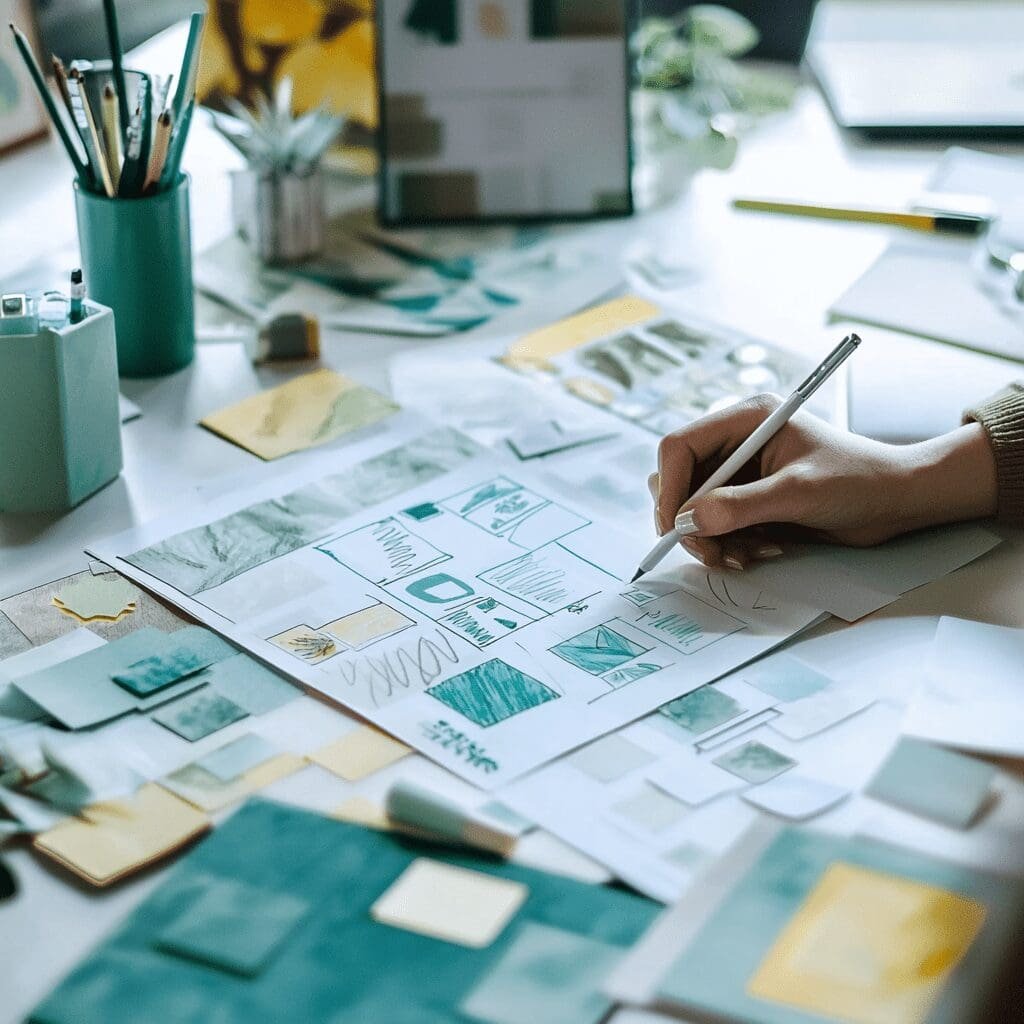 Hand sketching brand identity concepts on paper surrounded by color swatches and design materials