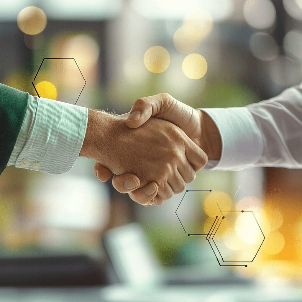 Two professionals shaking hands in a business setting, symbolizing partnership and successful collaboration
