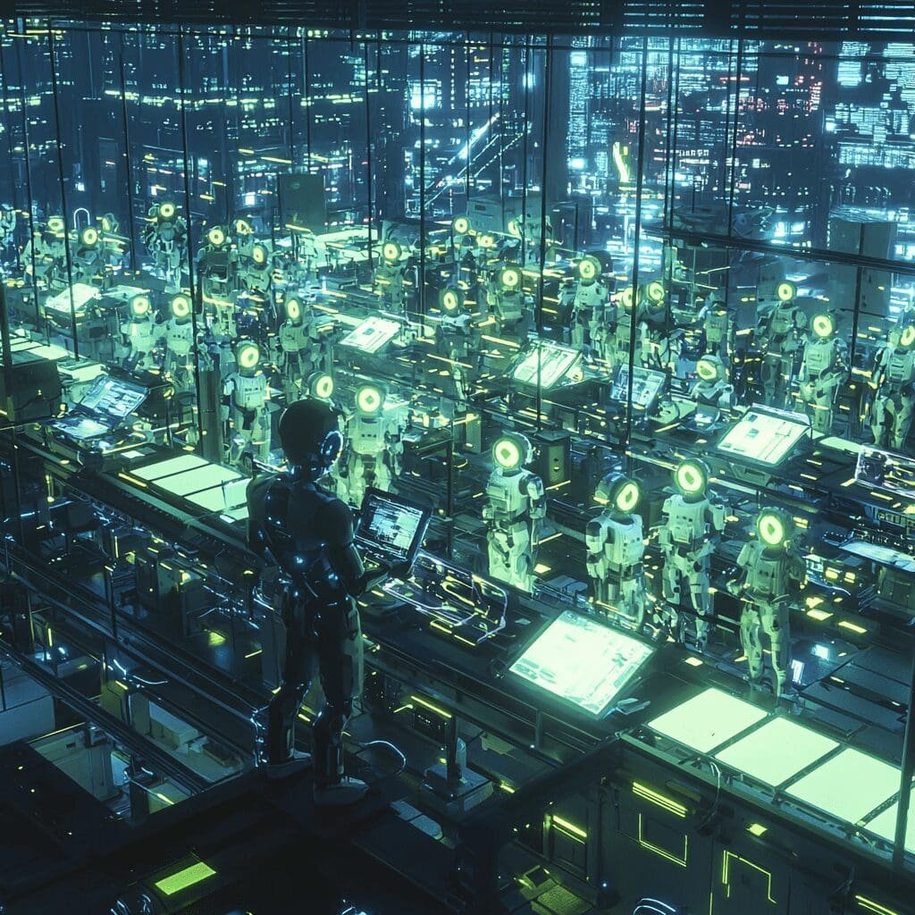 Futuristic workspace with dozens of AI robots working under supervision in a high-tech, neon-lit environment