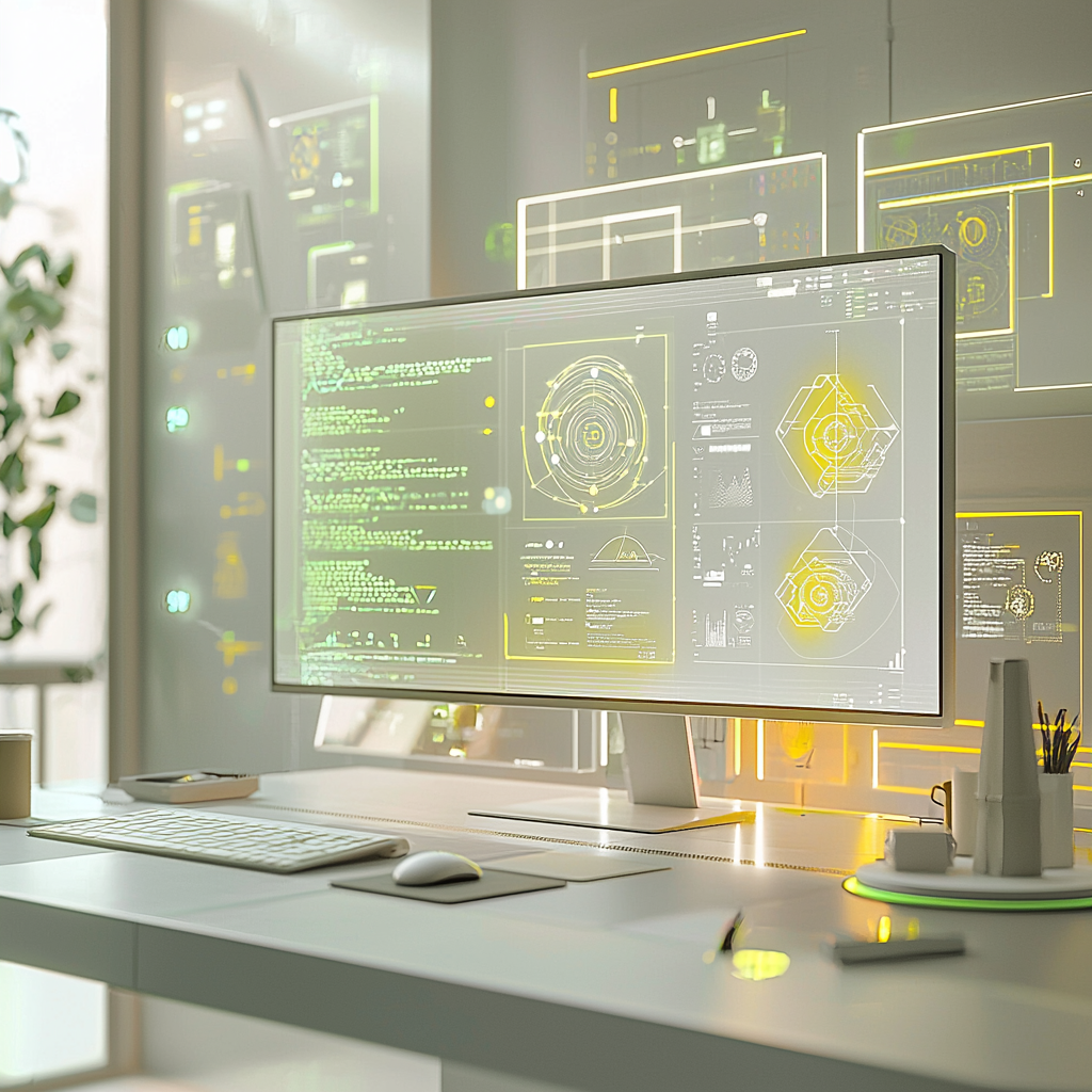 Futuristic workstation with transparent screen displaying AI-driven data visualizations in green and yellow tones