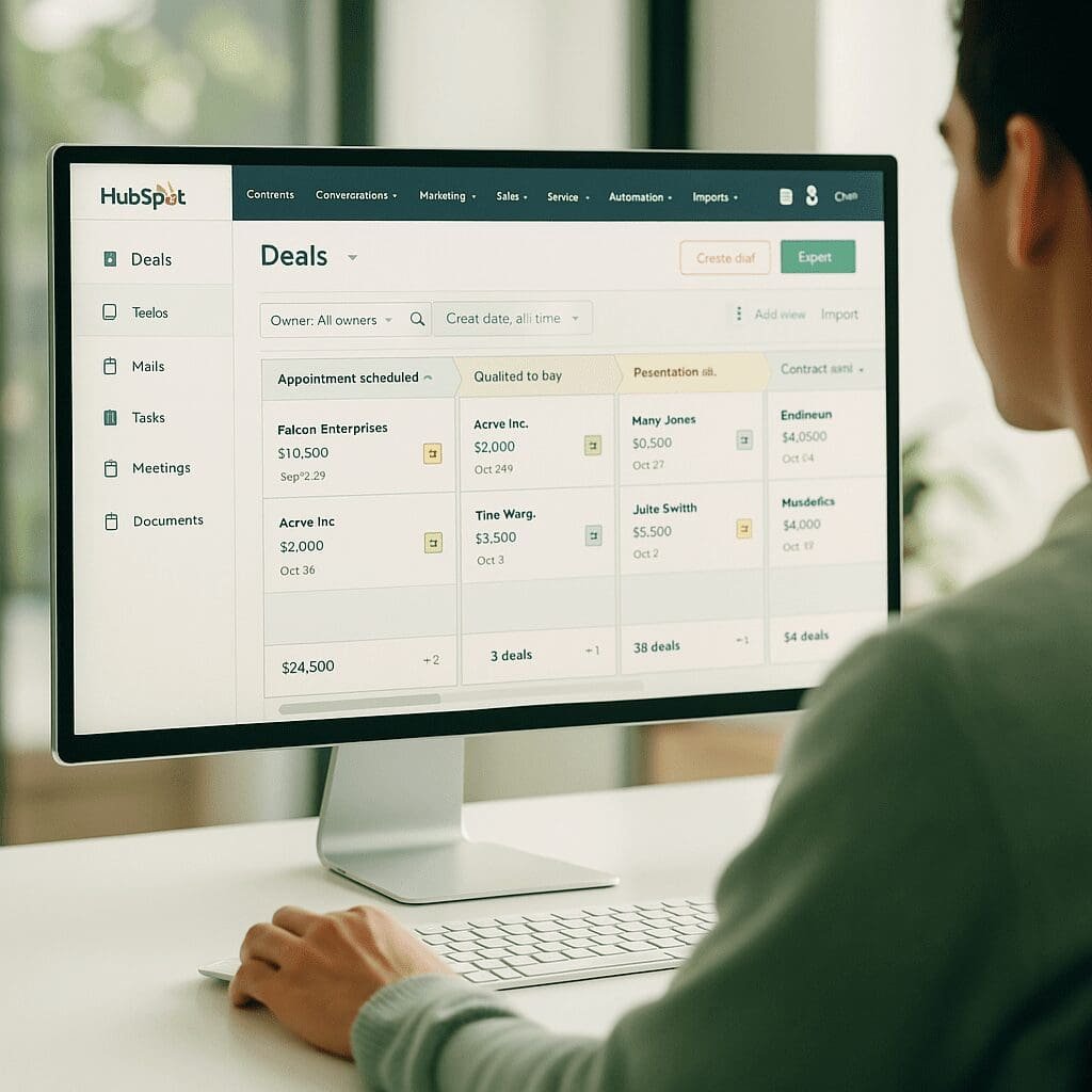 Person managing customer deals and sales processes using HubSpot CRM on a modern desktop screen