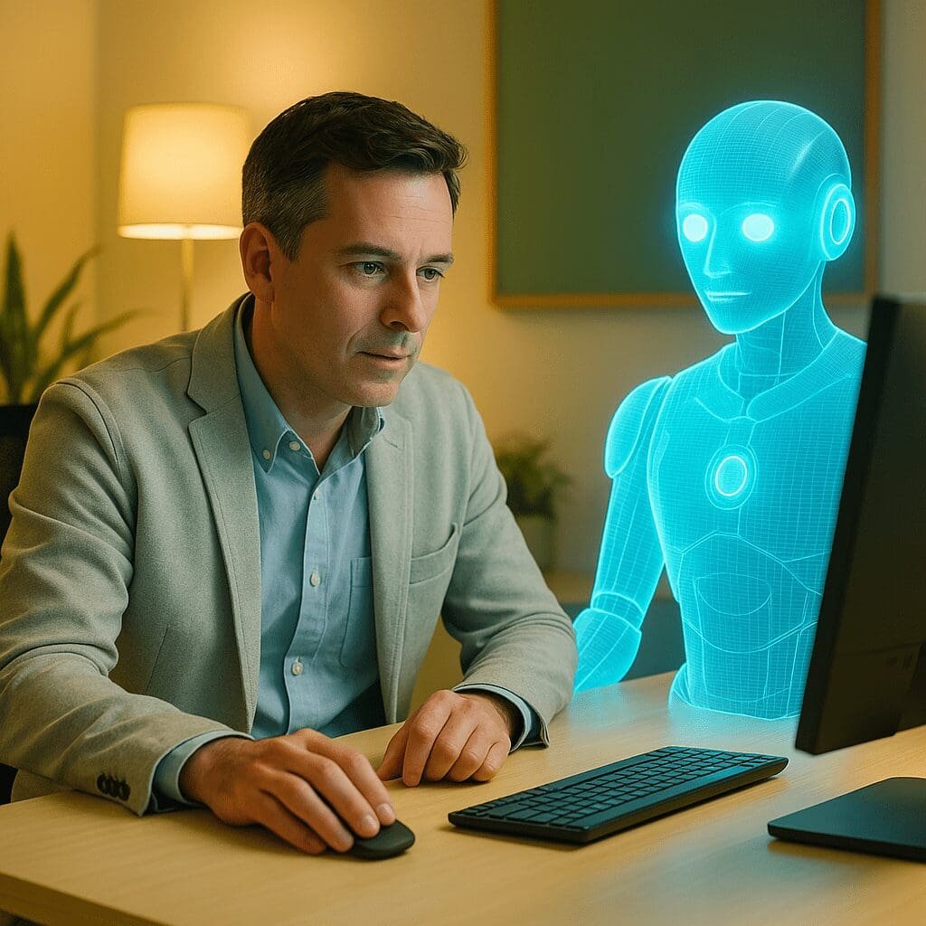 Business professional working with a holographic AI assistant at a computer in a modern office