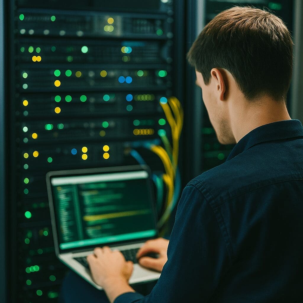 IT professional working on a laptop in front of a server rack with blinking lights and network cables