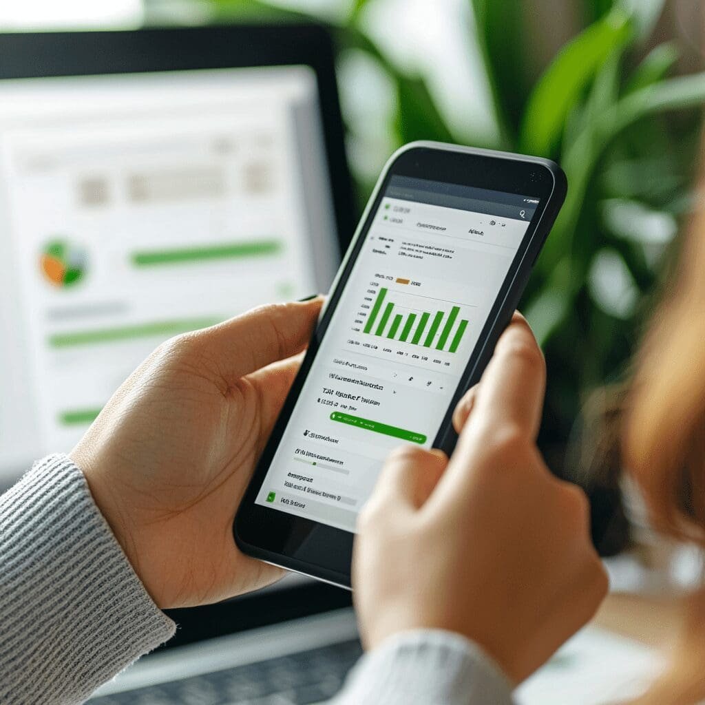 Person analyzing financial data on a mobile dashboard app with charts and performance metrics