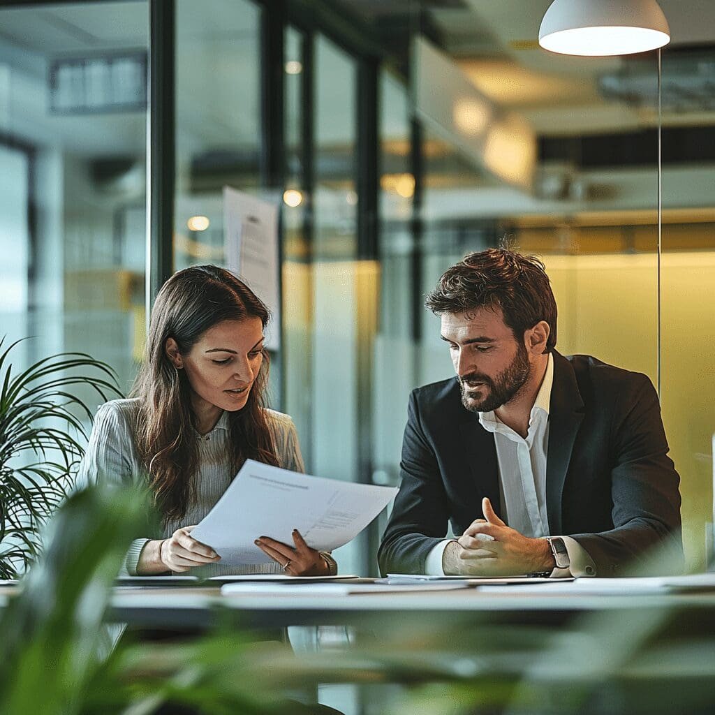 Two professionals reviewing documents together during a business meeting in a modern office setting