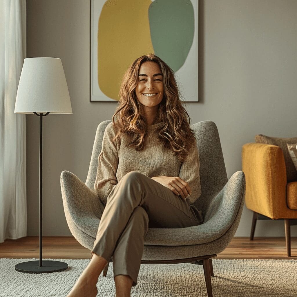 Smiling woman sitting comfortably in a modern living room with cozy decor.