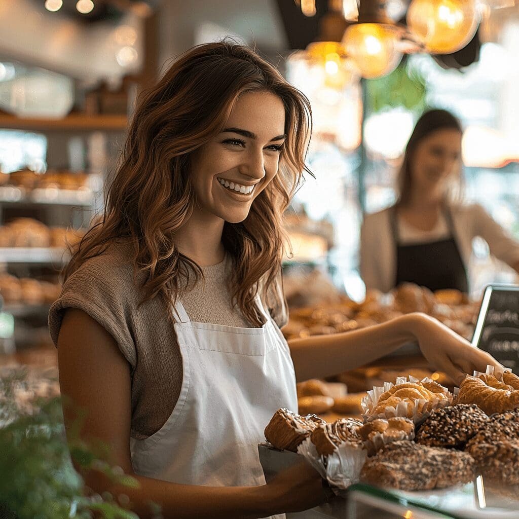 Smiling bakery staff member serving fresh pastries in a cozy bakery.
