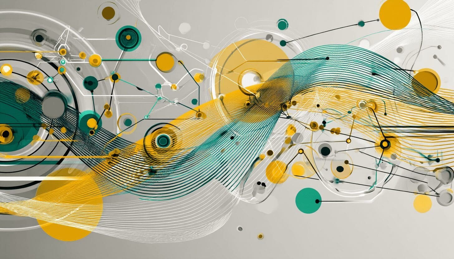 Abstract digital waves and interconnected network nodes in teal, yellow, and gray on a neutral background.