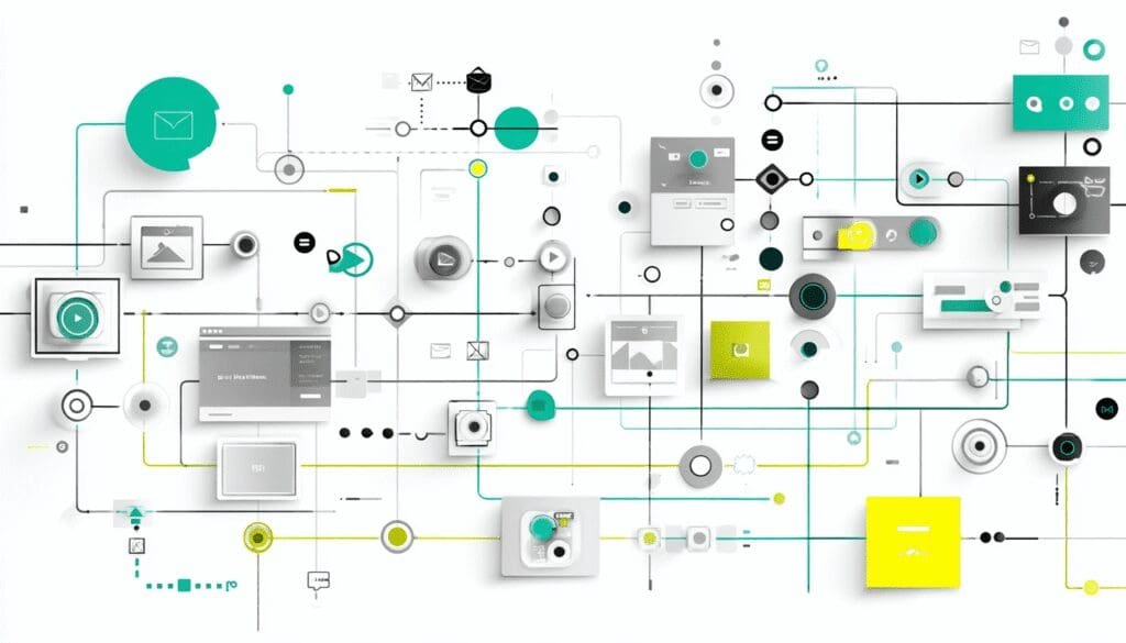 Abstract interface of digital systems and data flow diagram with icons, buttons, and lines on a white background.