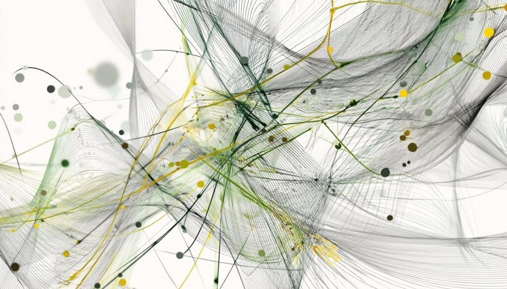 Abstract visualization of data flow with fine lines and colored nodes in yellow, green, and gray on a white background.