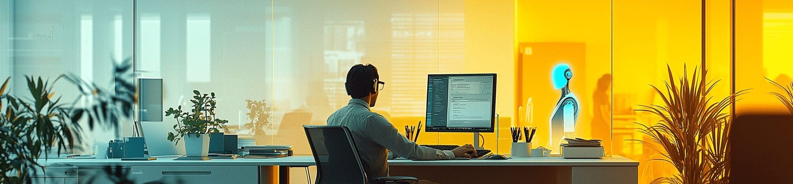 A professional working at a desk in a modern office, with a holographic AI assistant appearing behind a glass partition.