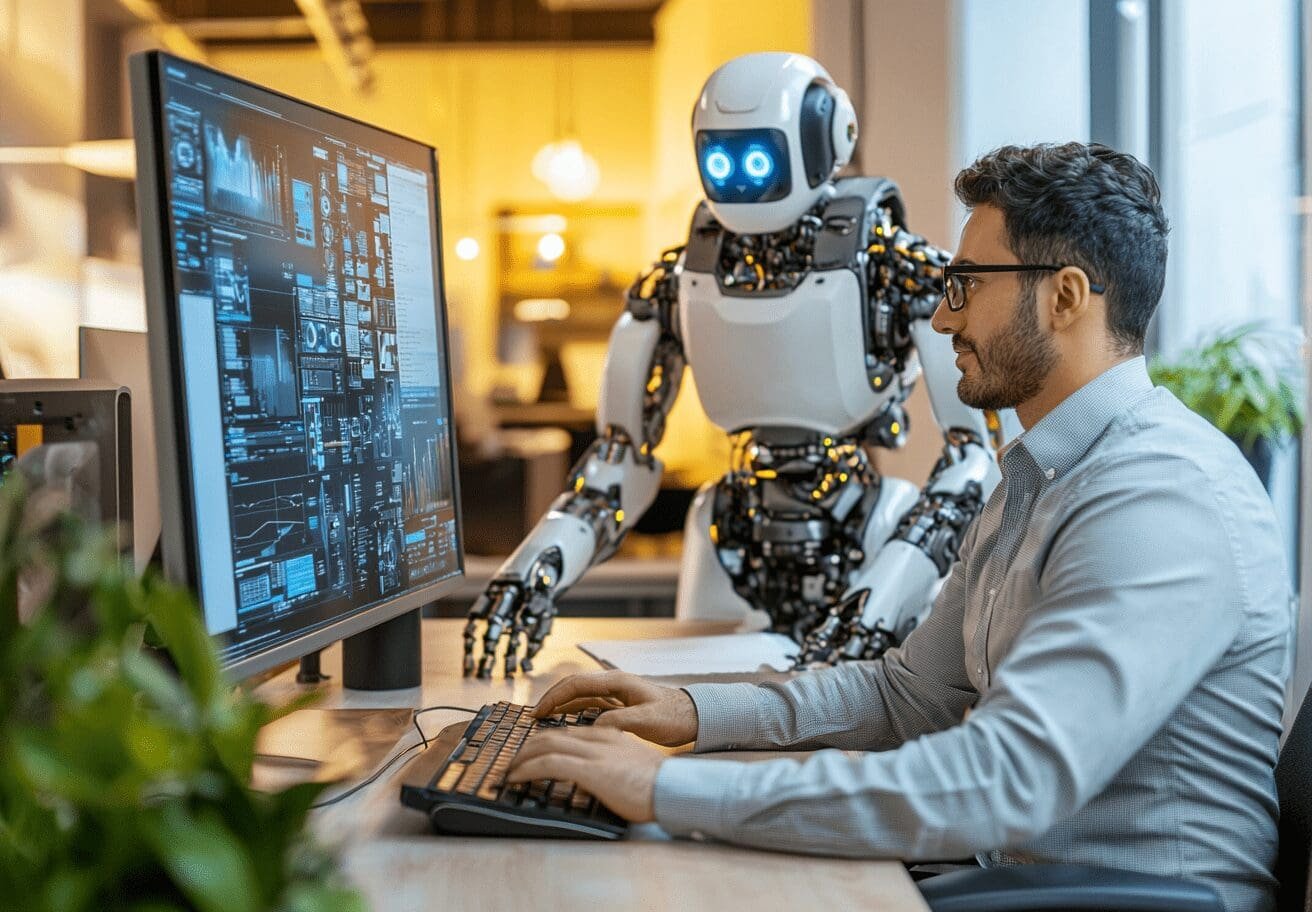 A professional man in glasses and a light gray shirt is working at his desk, analyzing data on a high-tech computer screen. Behind him, a humanoid robot with a sleek white and metallic design and glowing blue eyes observes, appearing to assist. The workspace features modern office decor, with warm lighting and greenery in the background.