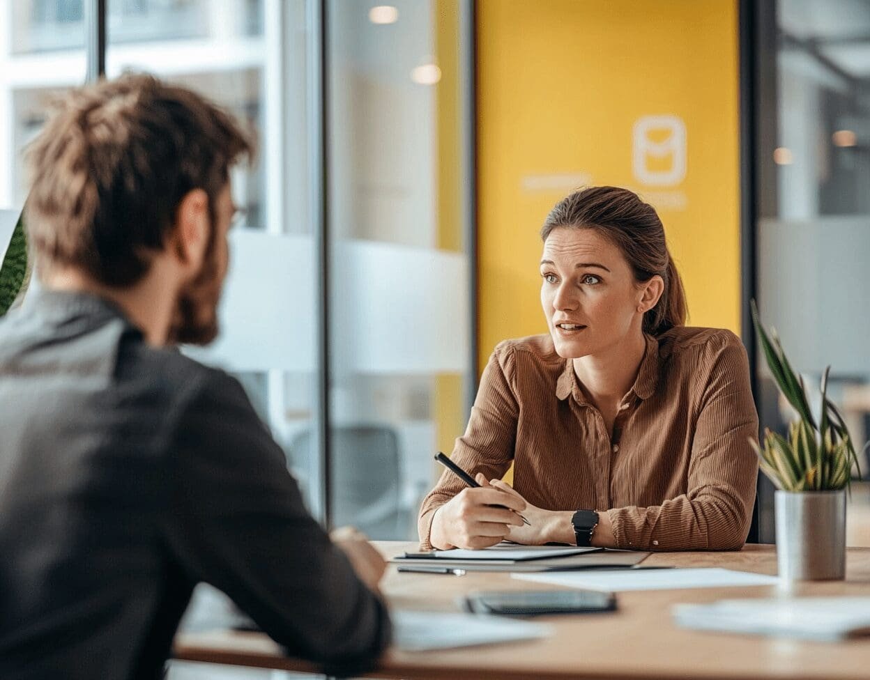 A professional woman in a brown blouse is engaged in a discussion with a male colleague at a modern office. She is holding a pen and taking notes while listening attentively. The workspace features a bright yellow accent wall with a business logo, large glass windows, and a neatly arranged desk with documents, a smartphone, and a small potted plant.