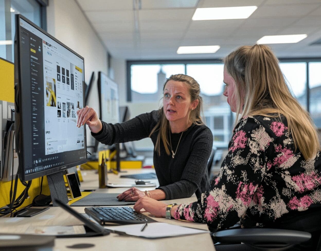 A professional woman in a black sweater is pointing at a large computer monitor while explaining something to a colleague with long blonde hair in a floral blouse. They are seated in a modern office with bright yellow accents, large windows, and a spacious desk setup with papers, a keyboard, and office supplies.