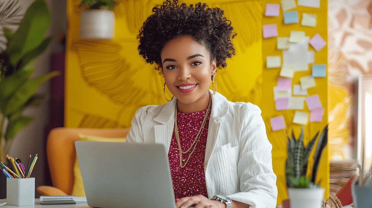 A smiling young woman with curly hair, wearing a stylish white blazer and pink sequined top, working on her laptop in a colorful and creative office space.