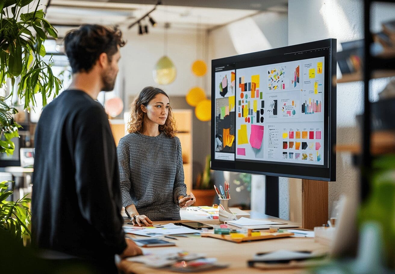 A creative team collaborates in a modern design studio, reviewing a digital mood board displayed on a large screen. A woman in a gray sweater gestures towards the screen, presenting colorful design elements, charts, and sticky note concepts, while a colleague listens attentively. The workspace is filled with natural light, lush greenery, and modern decor.
