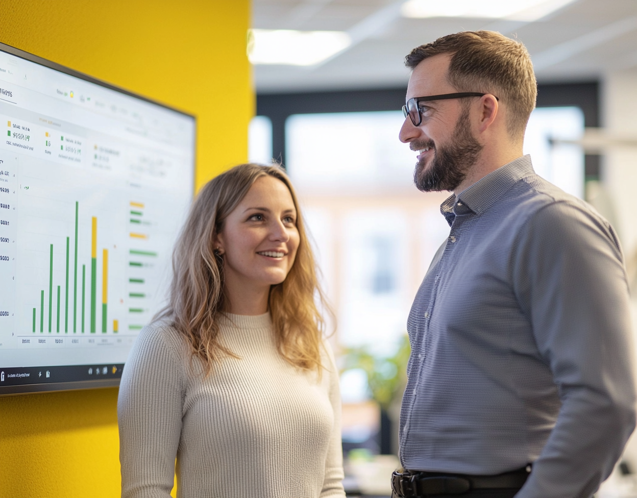 A smiling woman in a white sweater and a man in glasses and a blue checkered shirt are discussing data insights in a modern office. They stand beside a large screen displaying a business analytics dashboard with green and yellow bar charts, against a vibrant yellow accent wall.
