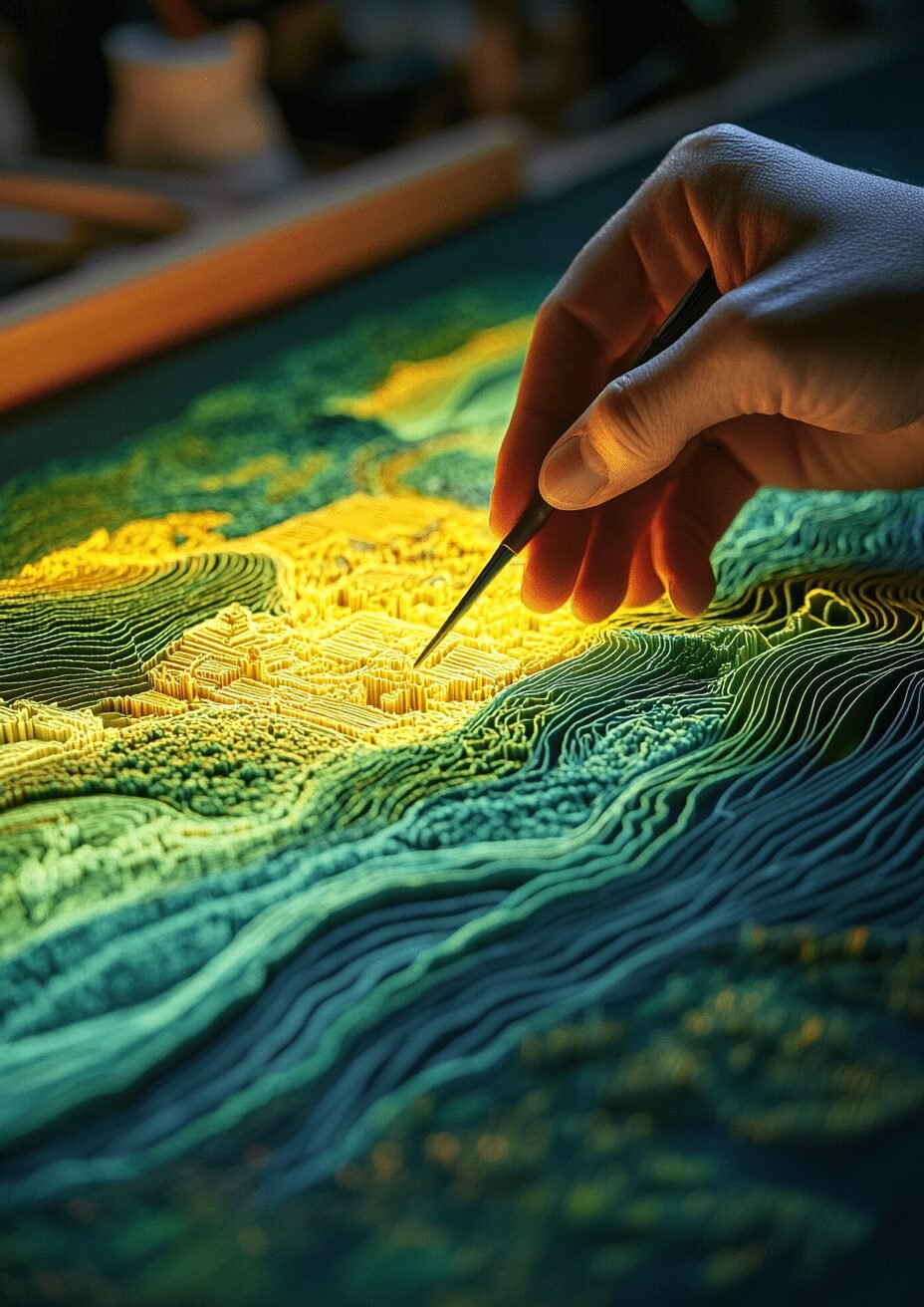 Hand weaving strands of light into a tapestry of Rugby landmarks, symbolizing Digital Rugby's tailored solutions.