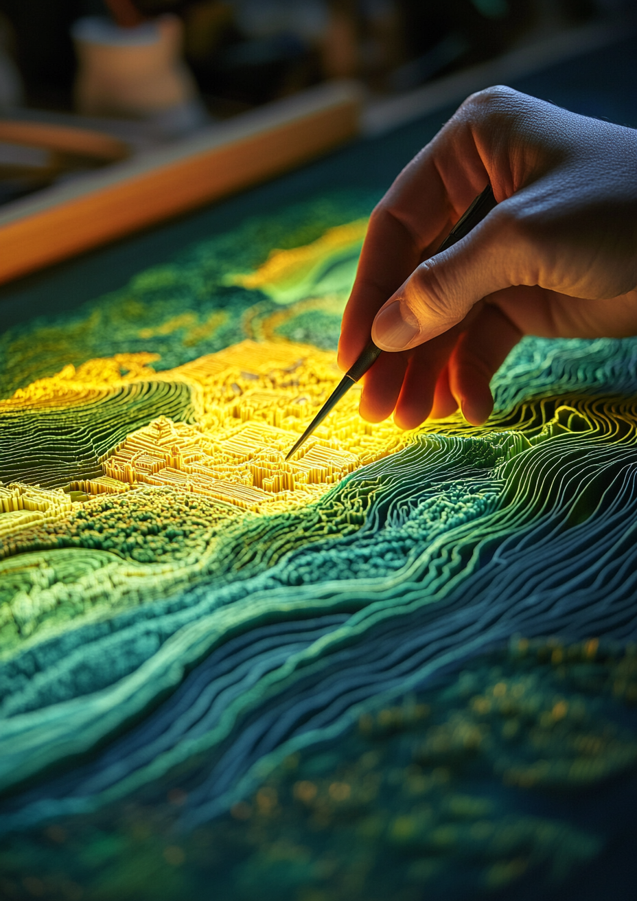 Hand weaving strands of light into a tapestry of Rugby landmarks, symbolizing Digital Rugby's tailored solutions.