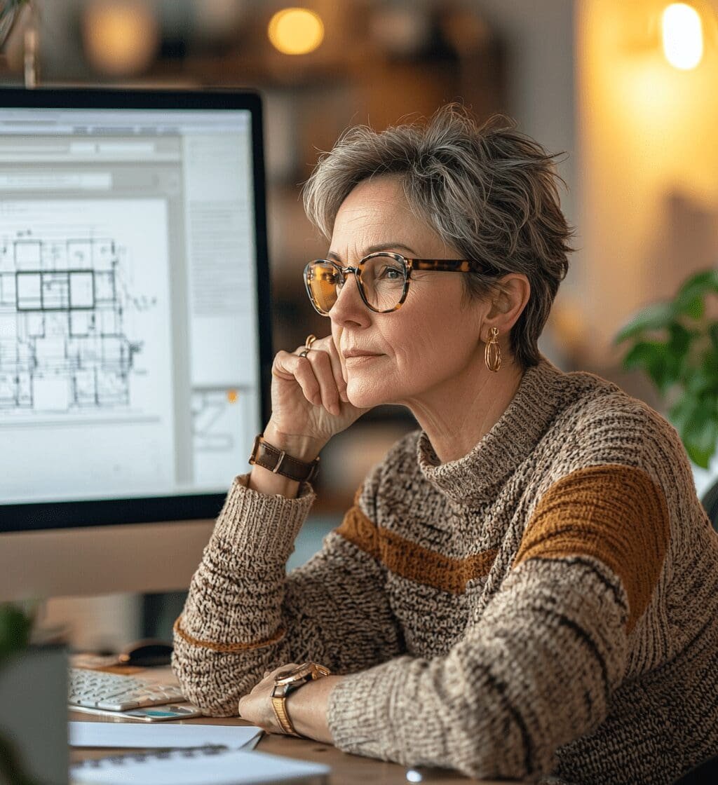 A professional female architect with short gray hair and glasses, wearing a cozy knitted sweater, sits at her desk analyzing architectural blueprints on a computer screen in a warmly lit office.
