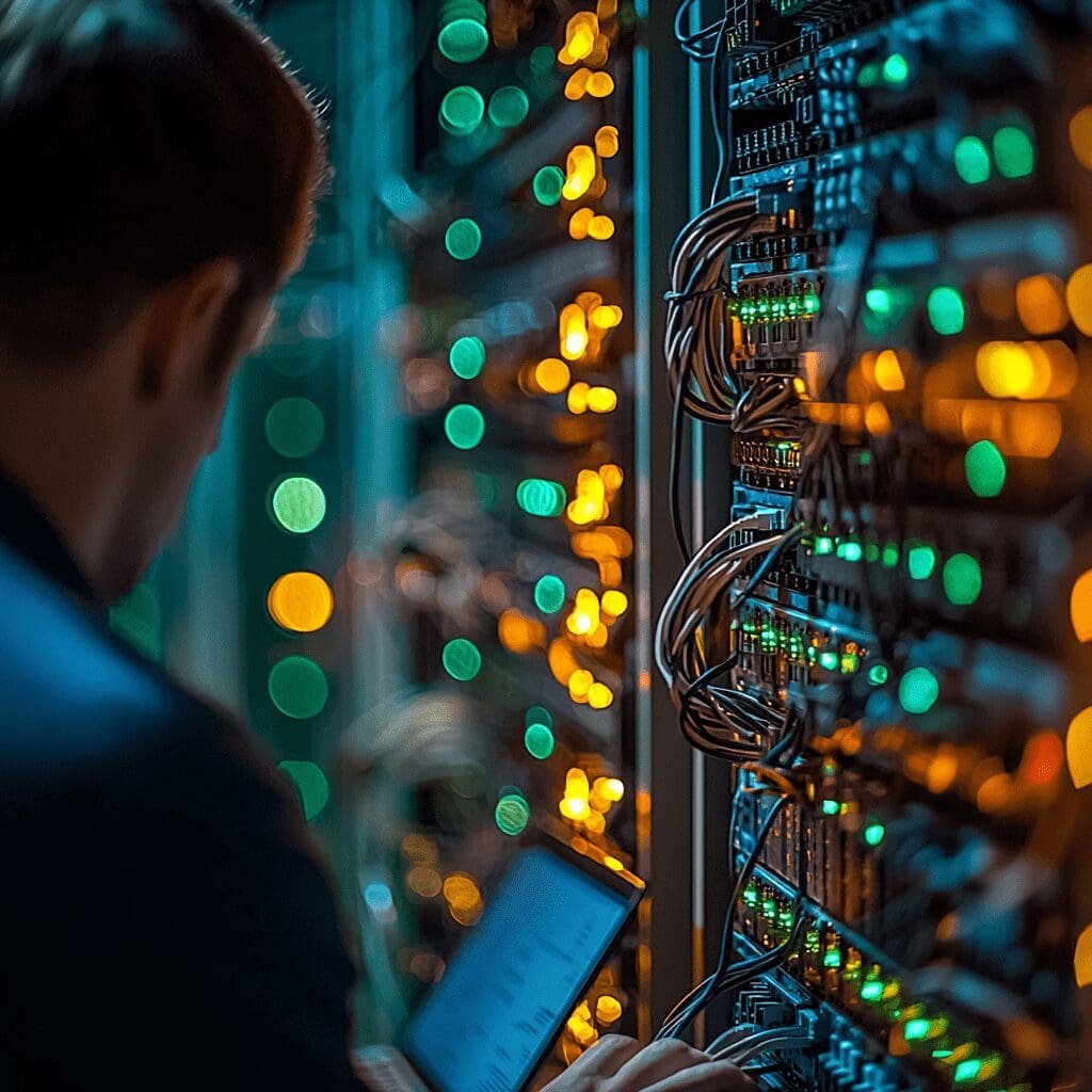 IT technician working on a laptop next to a server rack with green and yellow blinking lights.