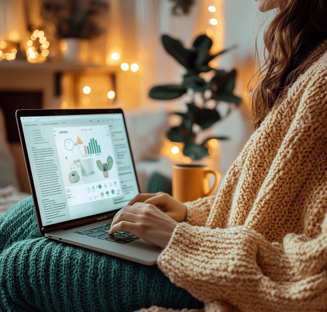 Woman in a light yellow sweater working on a laptop with green and yellow-themed data visuals on the screen, sitting in a cozy home environment with warm lights and plants in the background.