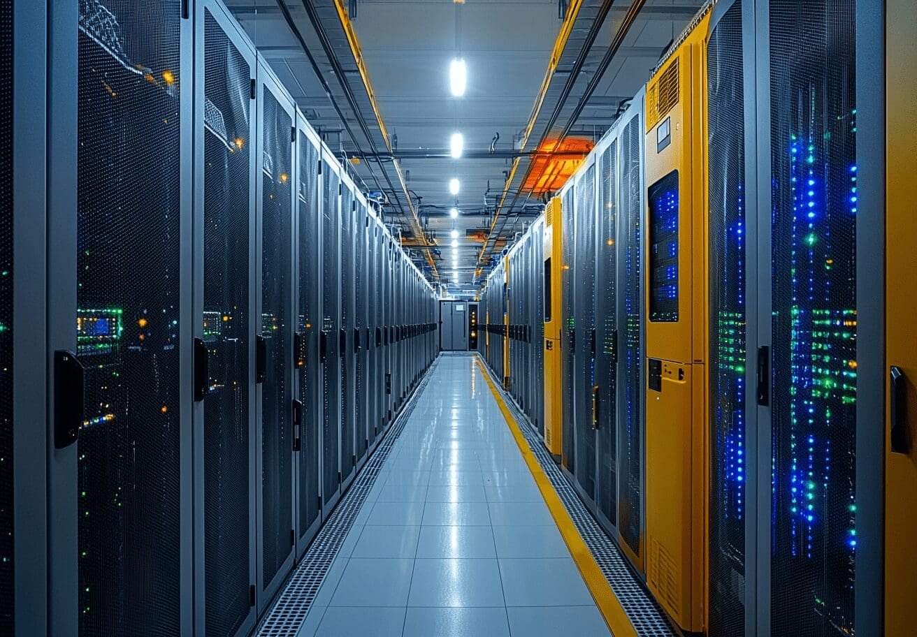 A high-tech data center with rows of illuminated server racks extending into the distance. The corridor is brightly lit, with yellow and blue LED lights reflecting off the sleek metal cabinets, symbolizing advanced cloud computing and digital infrastructure.