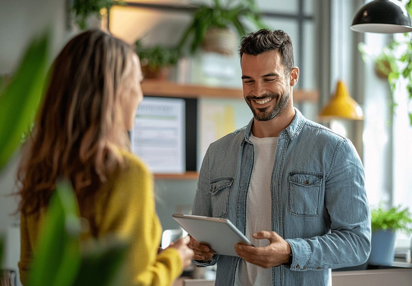 A smiling man in a casual denim shirt holds a tablet while engaging in a friendly conversation with a woman wearing a yellow sweater in a modern, plant-filled office.