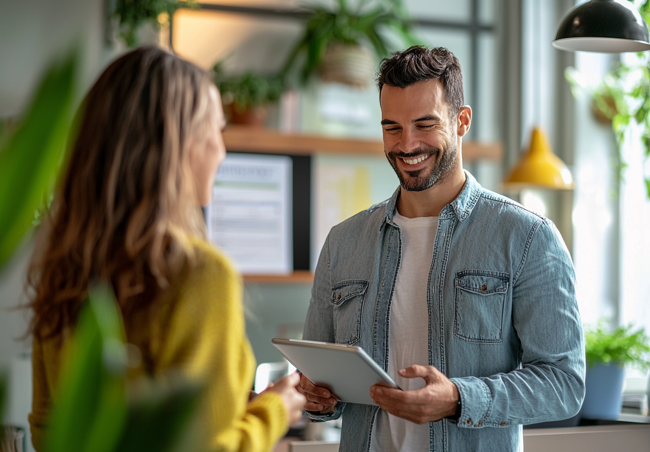 Smiling Professional Holding a Tablet in a Modern Office Setting A smiling man in a casual denim shirt holds a tablet while engaging in a friendly conversation with a woman wearing a yellow sweater in a modern, plant-filled office.