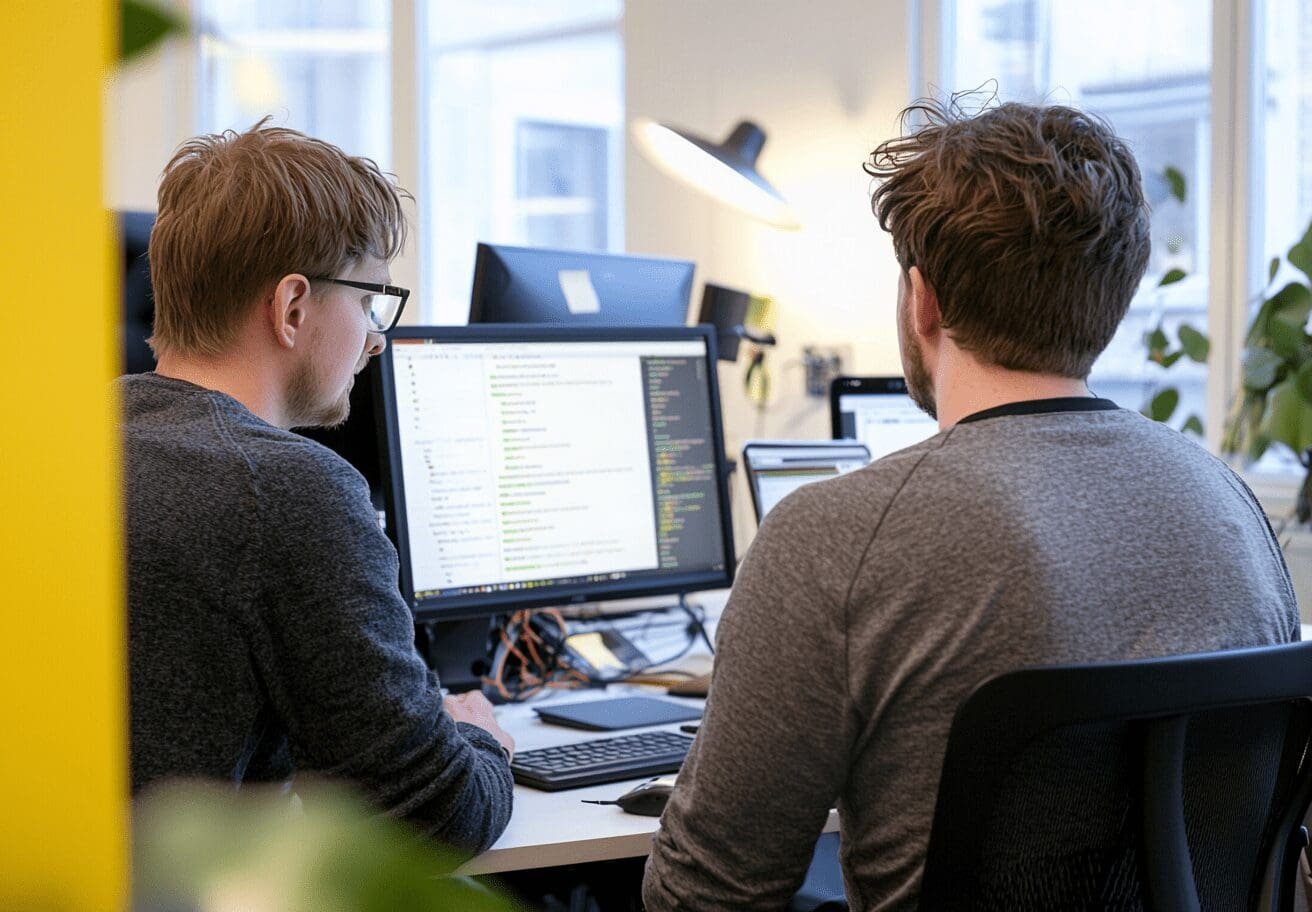 Two software developers collaborate at a workstation, reviewing and coding on dual computer monitors. The modern office features natural lighting, sleek desks, and a productive atmosphere with green plants and contemporary décor.