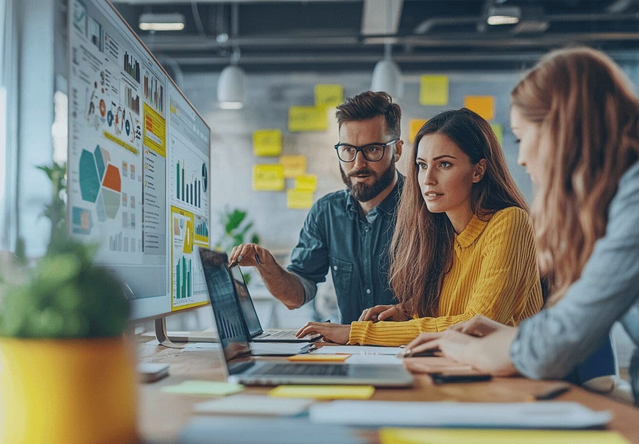 A group of young professionals working together in a modern office, analyzing data on a large screen displaying graphs, charts, and analytics. A man in glasses gestures towards the screen while two women in yellow and blue sweaters focus on their laptops, discussing insights.