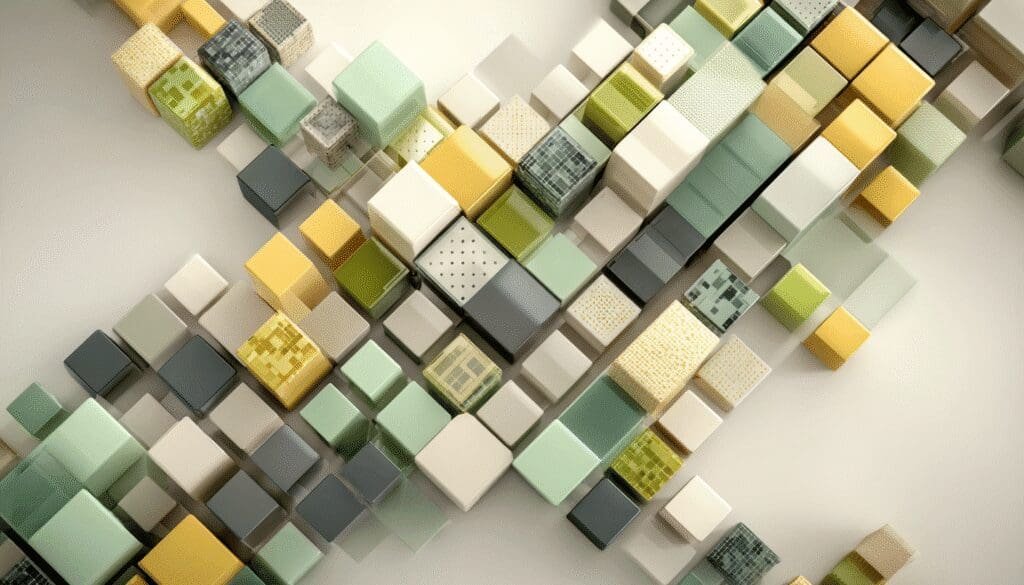 Abstract 3D cubes in shades of green, yellow, and gray arranged in a geometric digital landscape with varied textures.