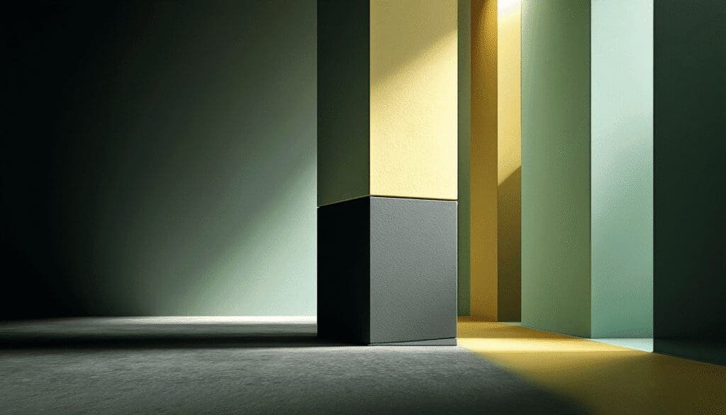 Minimalist architectural scene with tall geometric columns in shades of green, yellow, and black, illuminated by dramatic lighting and shadows.