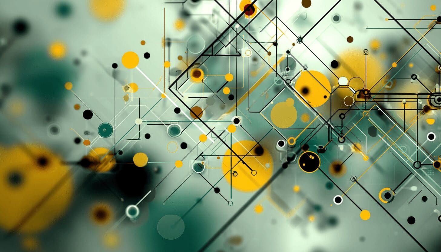 Abstract digital illustration of interconnected circuit lines and nodes in green, yellow, and black on a soft blurred background.