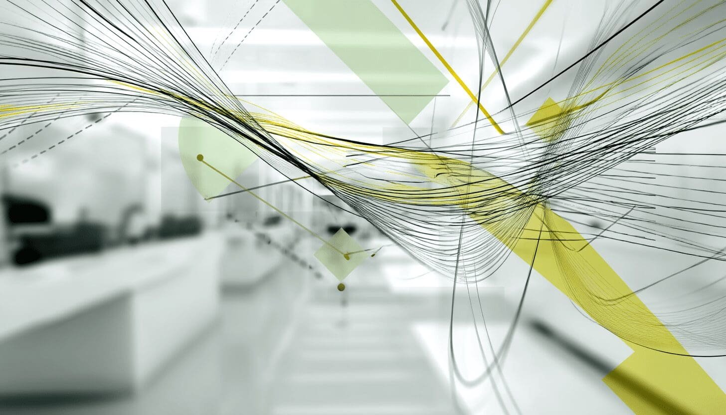 Abstract flowing lines and geometric shapes over a blurred modern workspace, symbolizing data movement and digital connectivity.