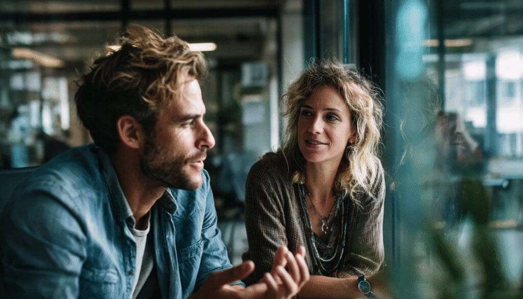 Two colleagues having a thoughtful conversation in a modern office setting, with natural light and a relaxed atmosphere.