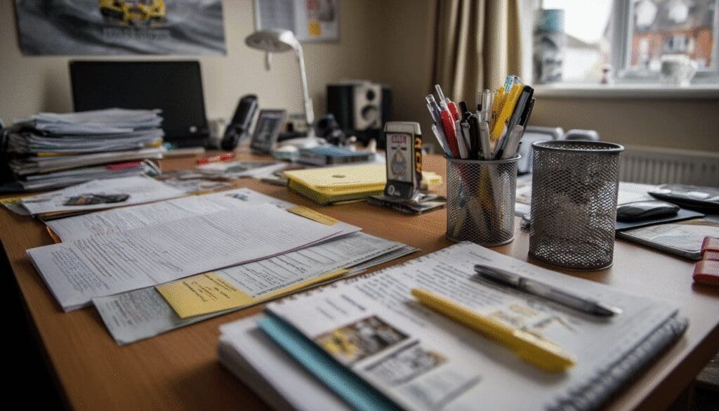Close-up of a cluttered home office desk covered with handwritten notes, documents, pens, and stationery in natural light.