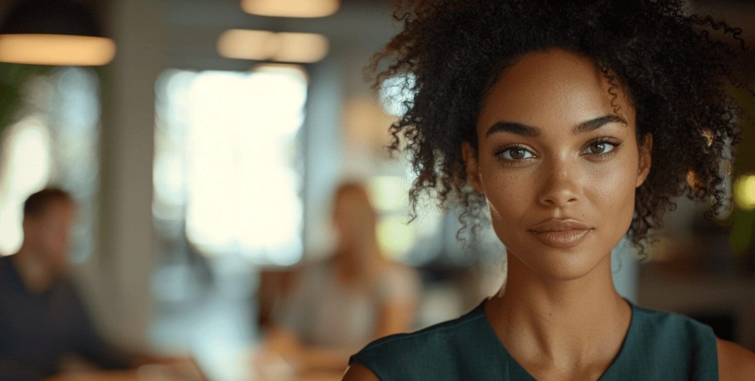 Confident young professional woman standing in a modern office with colleagues in the background.