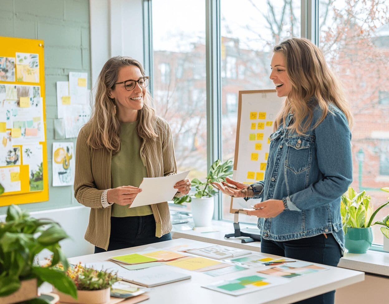Two creative professionals collaborating on a branding project in a bright office filled with moodboards, sketches, and plants.
