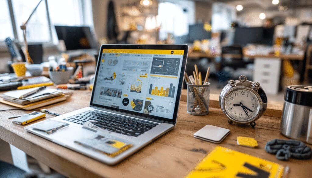 Close-up of a creative workspace with a laptop displaying an analytics dashboard, surrounded by office supplies and a retro-style clock.