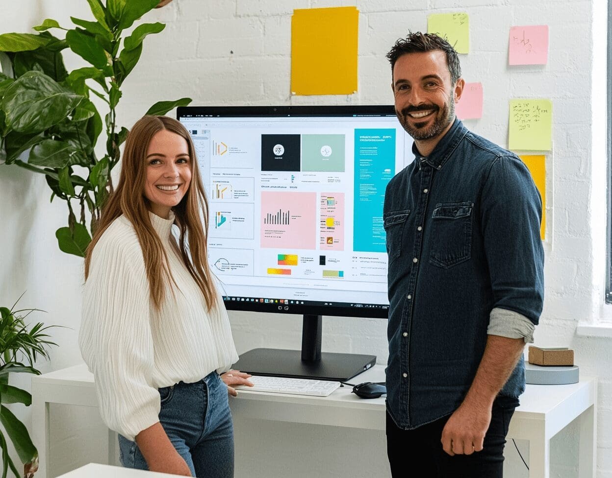 Two creative professionals presenting a colourful brand strategy on screen in a modern, plant-filled office space