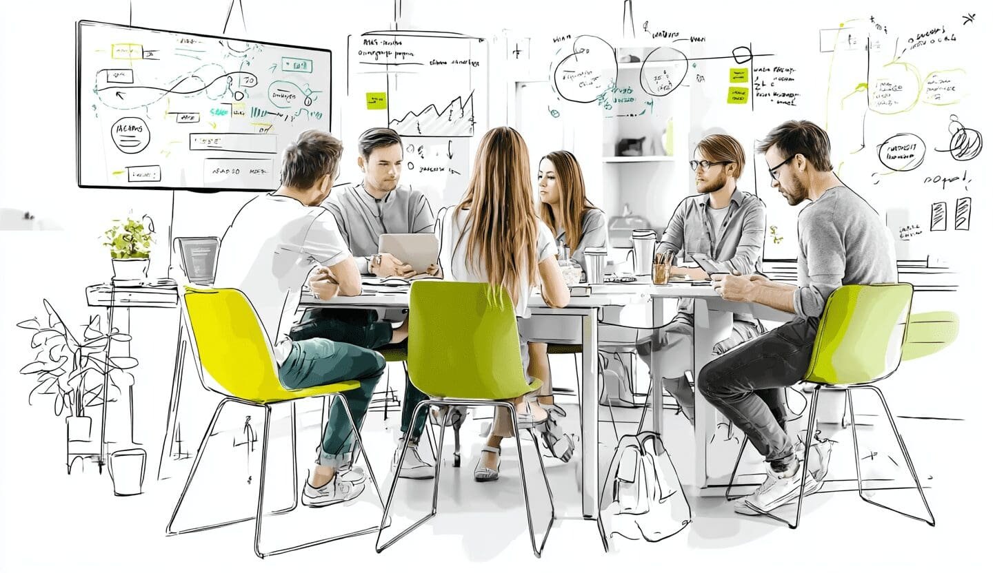 Young professionals in a creative team meeting around a table with a digital whiteboard and hand-drawn sketches on the walls.